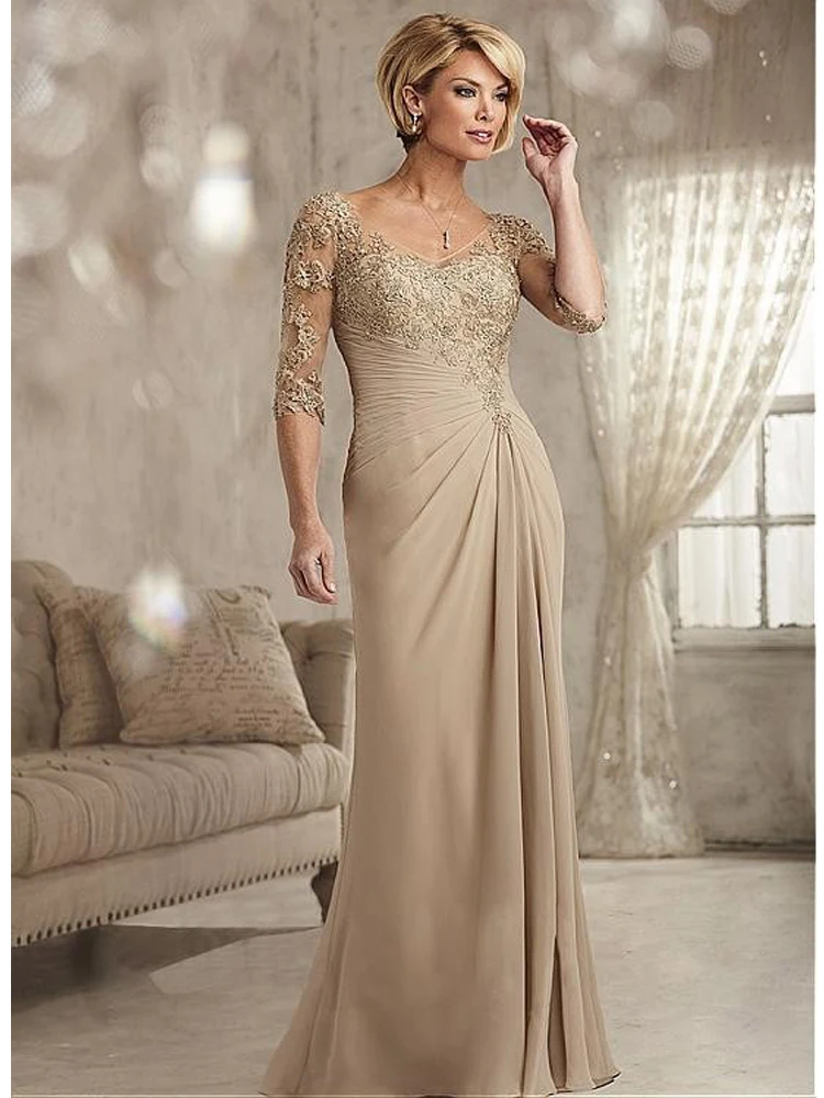 Beaded Lace Champagne Mother of The Bride Dresses  2020 Chiffon Half Sleeves Groom Godmother Evening Dress For Wedding Gift (3)