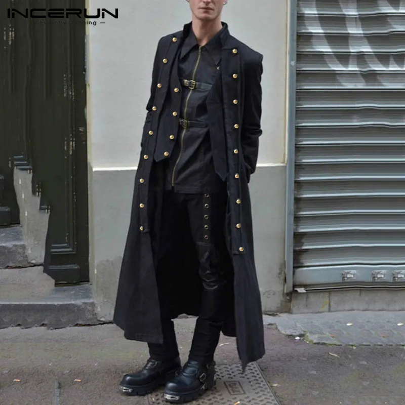 INCERUN Men Gothic Coats Solid Long Sleeve Buttons Vintage Punk Style Tailcoat Lace Up Trench Men Long Outerwear Costume