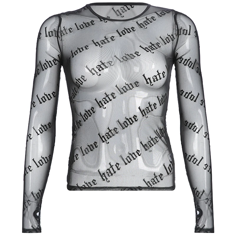 Waatfaak, черный, с надписями, прозрачный топ с длинным рукавом, Сексуальная футболка, Женская сетчатая Повседневная футболка, женская уличная одежда, Harajuku, футболки - Цвет: Черный