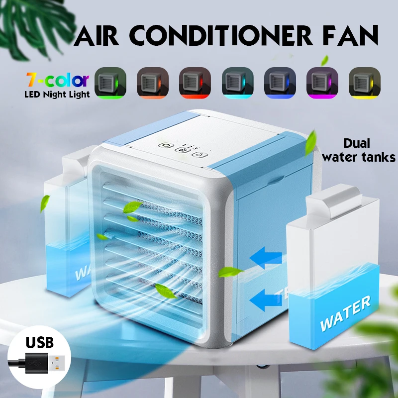 Mini Portable Air Conditioner Conditioning Humidifier Purifier USB 7 Colors Light Desktop Air Cooler Fan With 2 Water Tanks Home