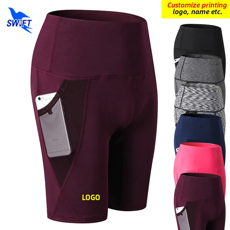 Women High Waist Lifting Push Up Yoga Tights Quick Dry Running Shorts Mesh Pocket Elastic Gym Fitness Short Pant Customized