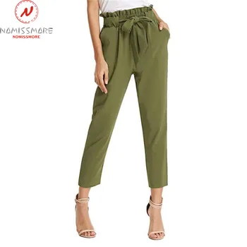 

England Style Women Summer Pencil Pants Pleated Design Bandage Pockets Decor Mid Waist Solid Color Slim Hips Trousers