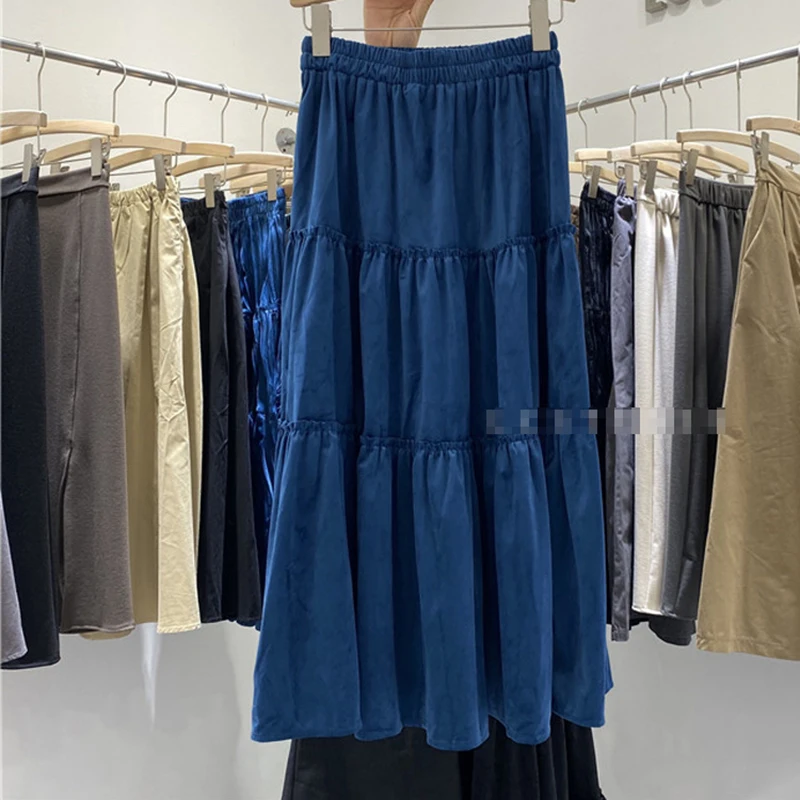 

Elegant Solid Midi Pleated Skirt Cake Skirt Women 2020 Autumn Winter Ladies Korean High Waist School Long Skirt Female