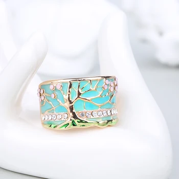 

Wbmqd Hot Lucky Flower Tree Rings Fashion Gold Pink Opal Green Enamel Wide Ring For woman Party Crystal Vintage Jewelry 2020 New