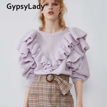 

GypsyLady Purple Knitted Pullovers Casual Chic Sweaters Long Sleeve Women Sweater Autumn Ruffle Trims Sweaters Jumpers Female