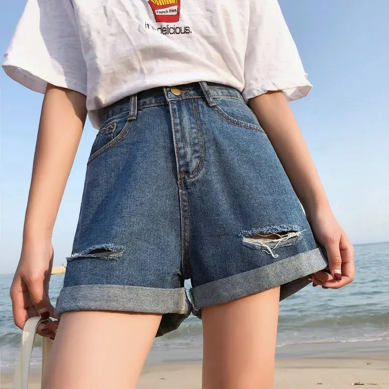 Женские джинсы AliExpress, гофрированные джинсовые шорты с высокой талией, свободные универсальные свободные штаны с поясом в комплекте