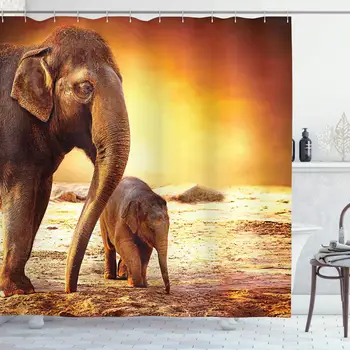 

Zoo Shower Curtain, Mother and Baby Elephant Family in Kenya Safari Landscape Environment, Cloth Fabric Bathroom Decor Set with