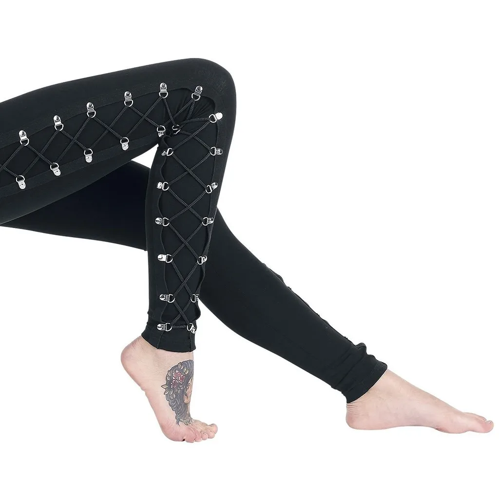 Женские Модные готические женские леггинсы с боковой шнуровкой черные обтягивающие брюки теплые спортивные Леггинсы FC
