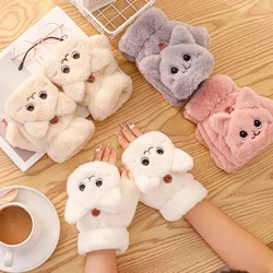 Women Winter Thicken Fur Cute Rabbit Mittens Fingerless Gloves Plush Warm Glove Soft Half Finger Flip gloves for Women Girls