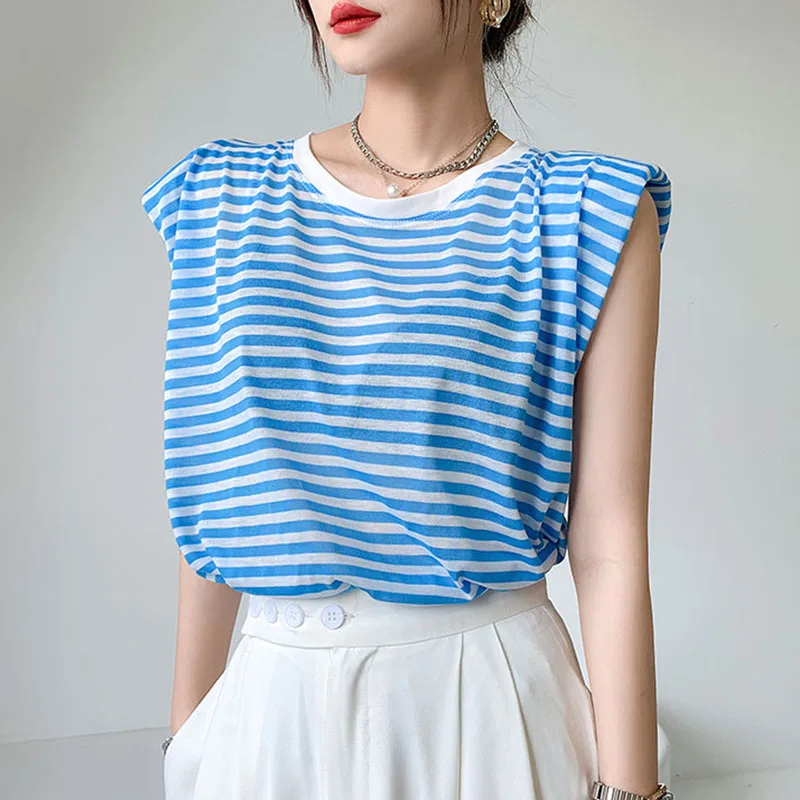 

Tops Women Loose Blue Striped Tshirt Female O Neck Sleeveless Vintage T-shirt Clothes Woman Tee Shirt Femme Summer New Top Mujer