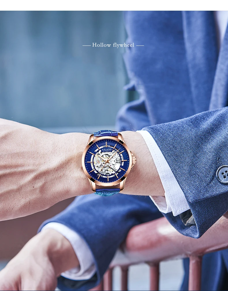 AILANG прозрачный корпус из розового золота роскошный Повседневный дизайн коричневые кожаные мужские часы лучший бренд роскошные механические часы со скелетом