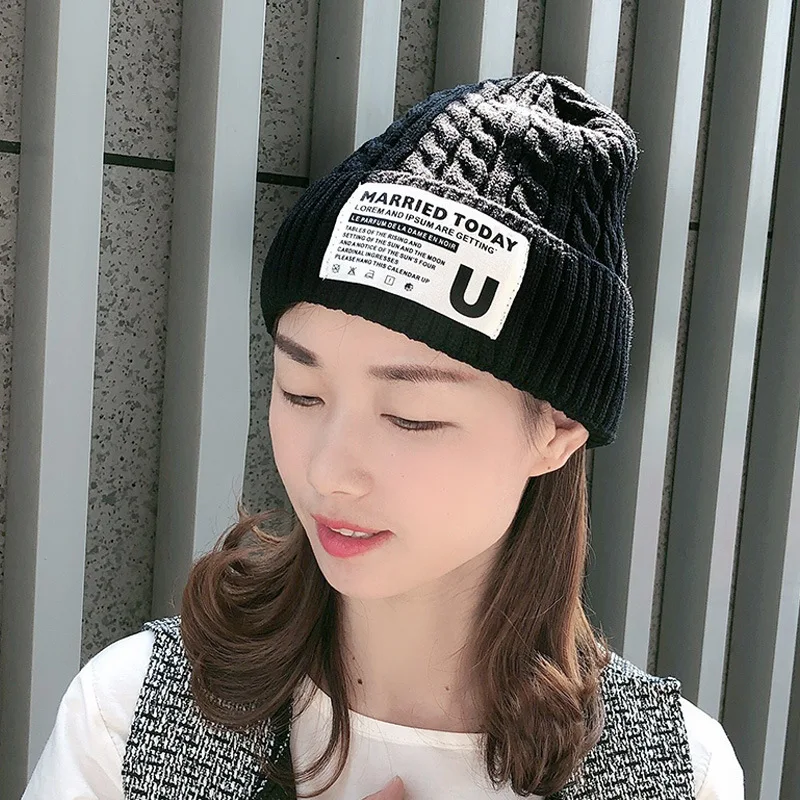 

2020 New Letters Embroideried Winter Hat Women Female Cap Girl Warm Knitted Beanie Hats Women Bonnet Chunky Thick Stretchy Hats