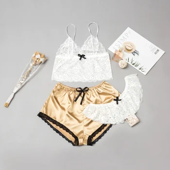 

3 Pcs Women Pajamas Sets Summer Hollow Out Lace Perspective Sexy Lingerie Solid Camisole Briefs Shorts Women's Sleepwear Suit