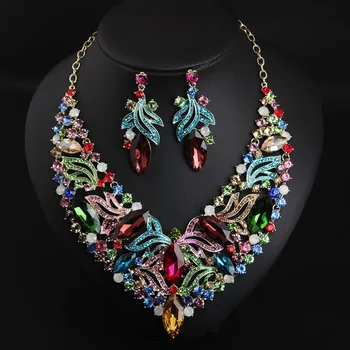 

LADY JEWELRY SET EUROPEAN AMERICAN EXAGGERATED COLOR CRYSTAL GEMS SHORT CLAVICLE NECKLACE EARRING WOMEN DINNER DRESS ACCESSORIES