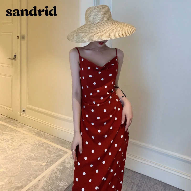 

French retro long sleeveless polka-dot dress summer