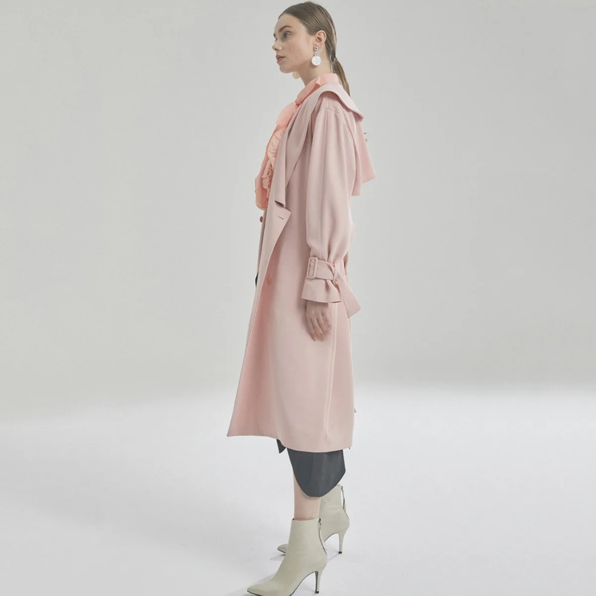 

Hot Models Europe And America Elegant Shawl Collar Double Breasted Belt Women's Long Solid Color Back Slit Trench Coat
