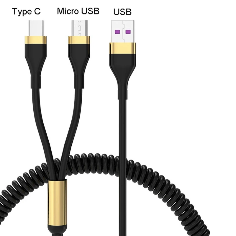 

Double Durability Android Micro USB Type C Spring Expansion Two in one mobile phone Charging Cable for Samsung Xiaomi