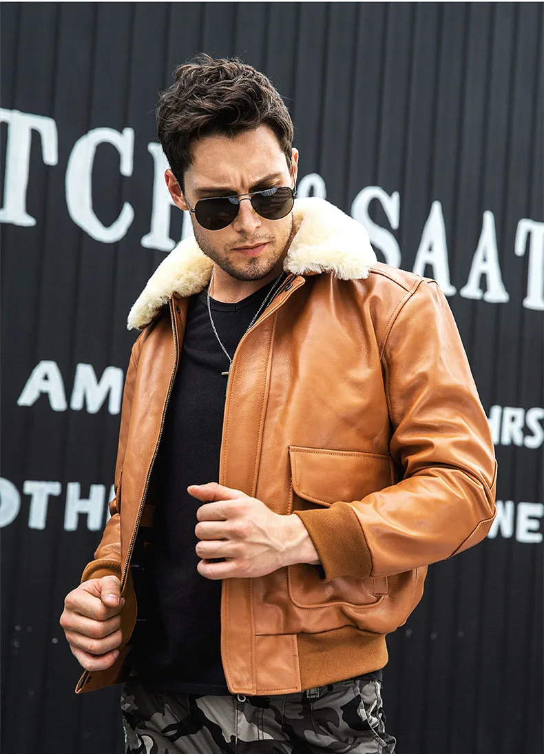 long sheepskin coat 2022 Brown Military Style G1 Pilot Leather Jacket Men Europe Size 3XL Wool Collar Real Natural Cowhide Autumn Loose Aviator Coat bomber jacket sheepskin