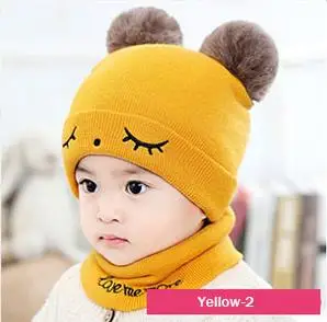 new hat scarf autumn and winter baby hat boys and girls hair ball hat O collar scarf winter warm knitted beanie hat scarf s - Цвет: Yellow-2