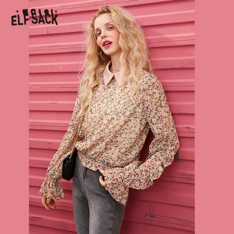 Женская шифоновая блузка ELFSACK черная Повседневная Блузка с цветочным принтом
