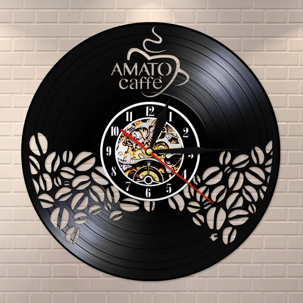 Amato Caffe Виниловая пластинка Часы кофейные бобы дизайн Висячие бесшумные часы кофе Любовник подарок кофе бар магазин настенный декоративный знак