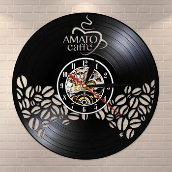 

Amato Caffe Vinyl Record Clock Coffee Beans Design Hanging Silent Watch Coffee Lover Gift Coffee Bar Shop Wall Decorative Sign