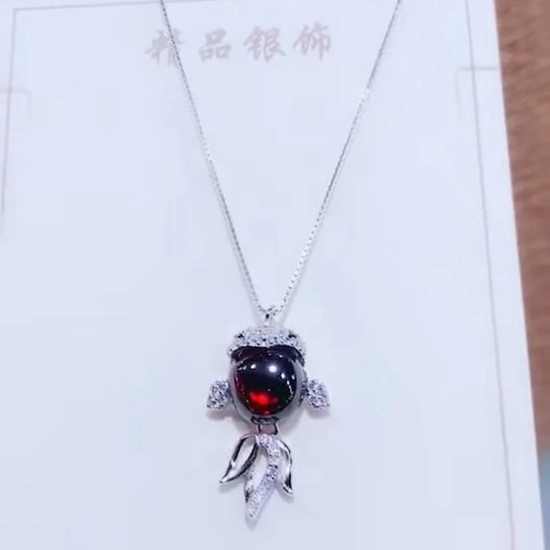 OMHXFC,, XR08, Европейская мода, для женщин, для вечеринки, дня рождения, свадьбы, подарок, красная Золотая рыбка, гранат, 925 пробы, серебряное ожерелье
