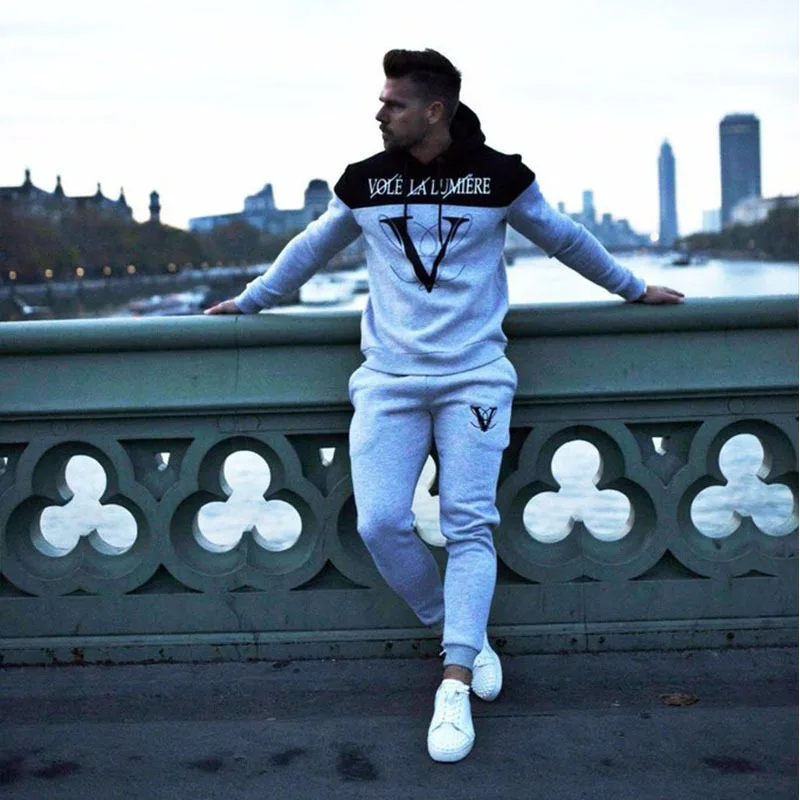 Flash Sale Olevo New Men's Hoodie Printed Hooded Sweatshirt Tracksuit Bodybuilding Leisure Long Sweatpants Running Sports Slim Fit Suit