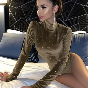 

BONJEAN 2020 Women Bodysuit Fashion Dot Turtleneck Regular Long Sleeve Winter Velvet Casual Slim Women Bodysuits Female Rompers