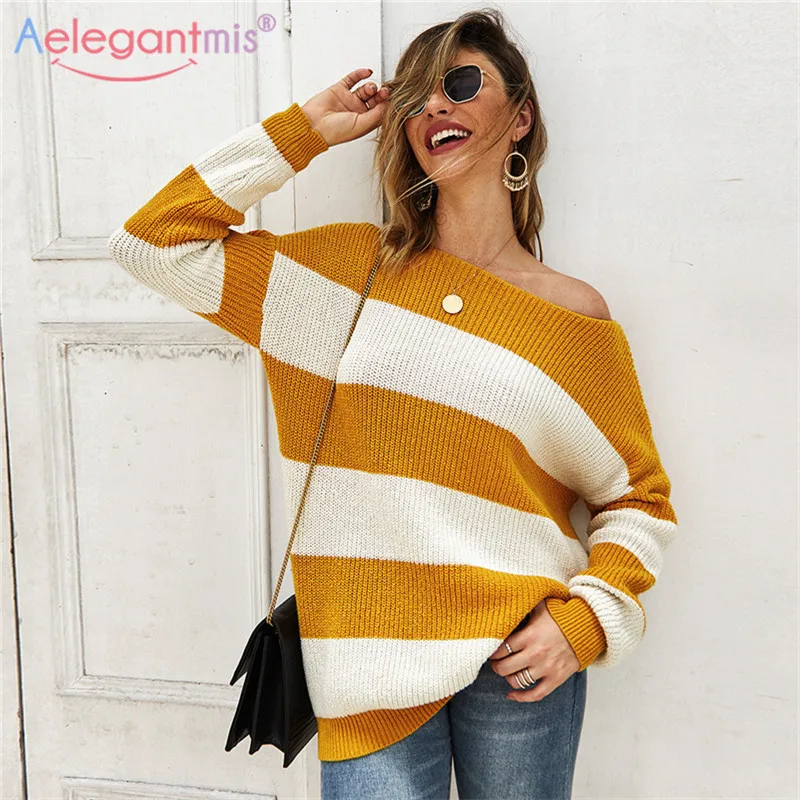 

Aelegantmis New Fashion Loose Striped Sweater Women Sexy Slash Neck Knitted Sweaters Autumn Winter Female Pullover Knit Jumpers