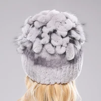 2023 Brand Women Genuine Rex Rabbit Fur Hats Winter Rex Rabbit Fur Beanies Striped Top Flower Fox Fur Warm Real Fur Knit Caps 3