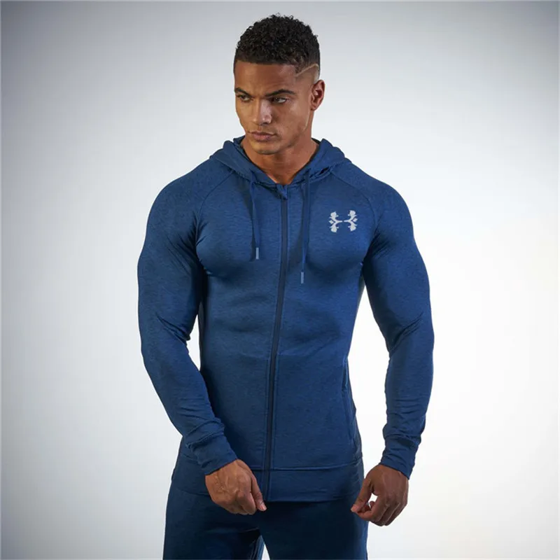 Jaqueta de corrida dos homens esportes casaco de fitness manga longa com capuz apertado hoodies Ziper fino caminhadas Толстовка