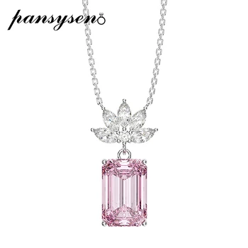 

PANSYSEN Classic Wedding Brand 100% 925 Sterling Silver Pink Sappahire Aquamarine Pendant Necklaces Fine Jewelry Gift for Women