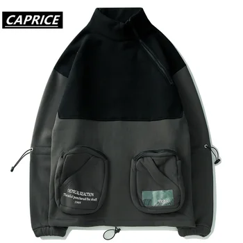 

Man Hoodie Front Zipper Pocket Two-Tone Color Block Patchwork Pullover Sweatshirts Harajuku Hip Hop Casual Streetwear Stand Tops