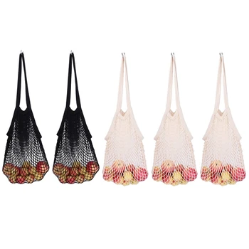 

5 Packs of Long Handle Mesh Shopping Bags Cotton Reusable Shopping Mesh Mesh Storage Bags, Suitable for Sturdy
