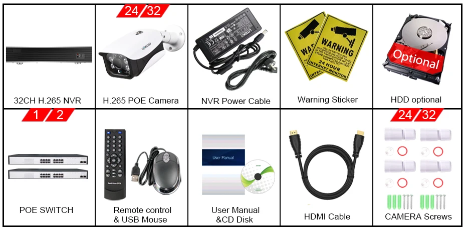 LOXCAM H.265+ 32CH 4K POE Комплект камер видеонаблюдения 4MP аудио запись Открытый водонепроницаемый безопасности ip-камера видеонаблюдения комплект