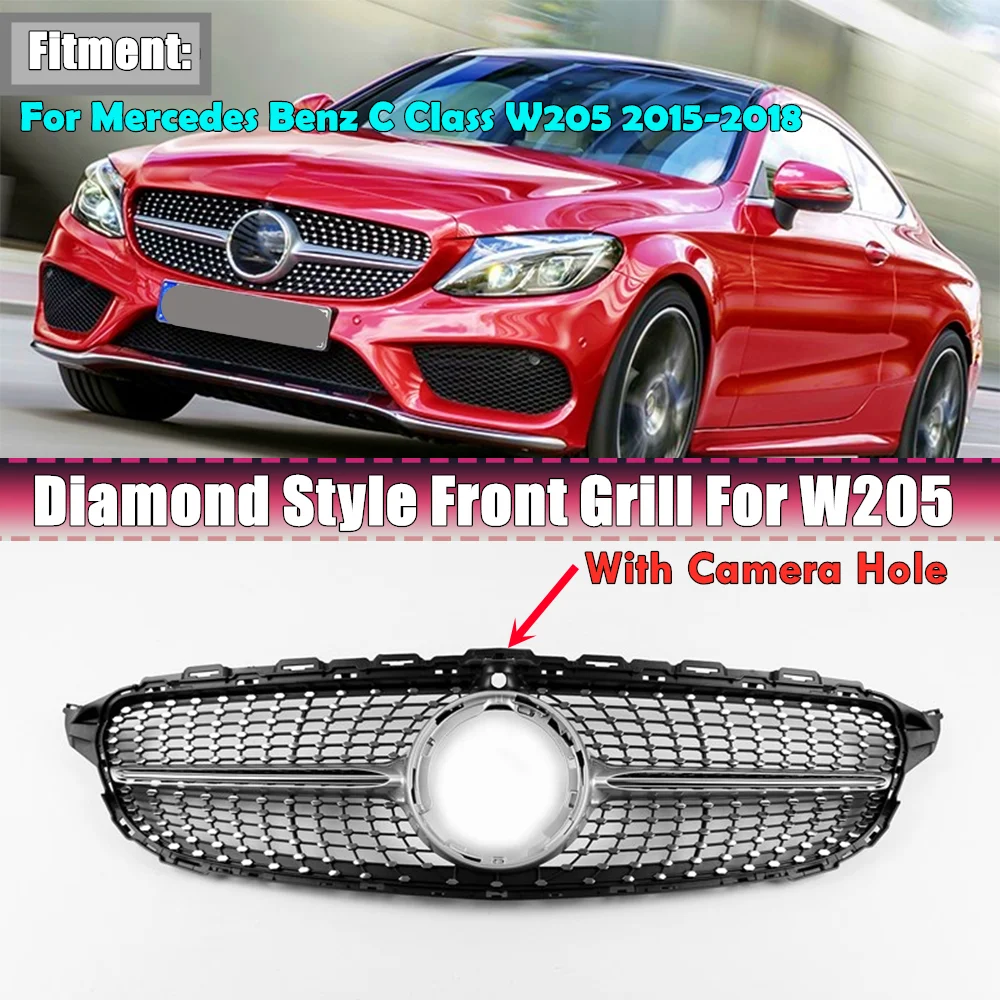 

GT Diamond Style Front Bumper Grille Racing Grill For Mercedes For Benz C Class W205 C200 C250 C300 C350 2015-2018 With Camera