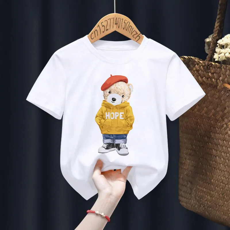 Funny Bear Riding Motorcycle Print Boy Girl White T-shirt Kid Summer Harajuku Kawaii Funny Little Baby Y2K Clothes,Drop Ship