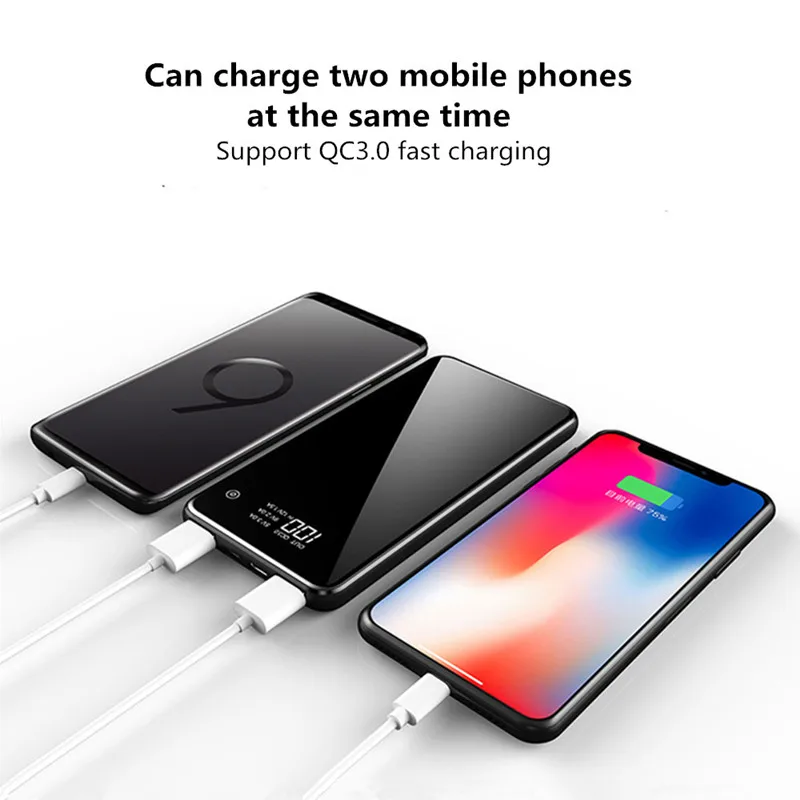 Ультратонкое зеркало power Bank для iPhone Xiaomi Dual USB Быстрая Зарядка power bank 10000 мАч переносной внешний аккумулятор