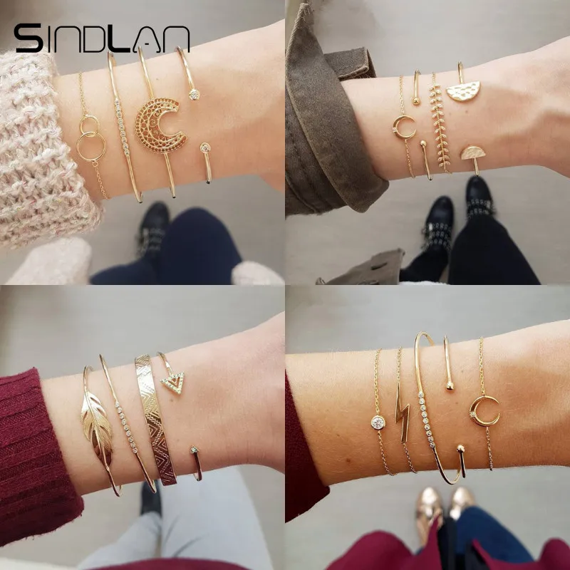

Sindlan 4PCs Gold Crystal Leaf Geometric Bracelets for Women Round Triangle Charm Boho Bangle Bracelets Set Female Wrist Jewelry