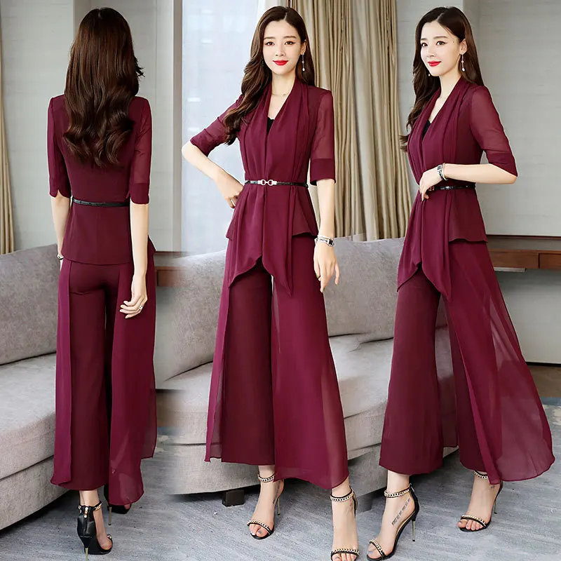 

Loose Pants Set Two-Piece Set Western Style Fashion Summer Wear 2019 New Style WOMEN'S Dress Spring Elegant Slimming Chiffon Div