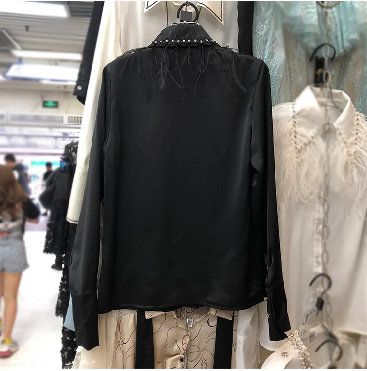 Feather Diamond Blouse Women White Black Shirt Autumn Temperament Socialite Ostrich Hair Long Sleeve Shirt FemaleOL Blusa Blusas