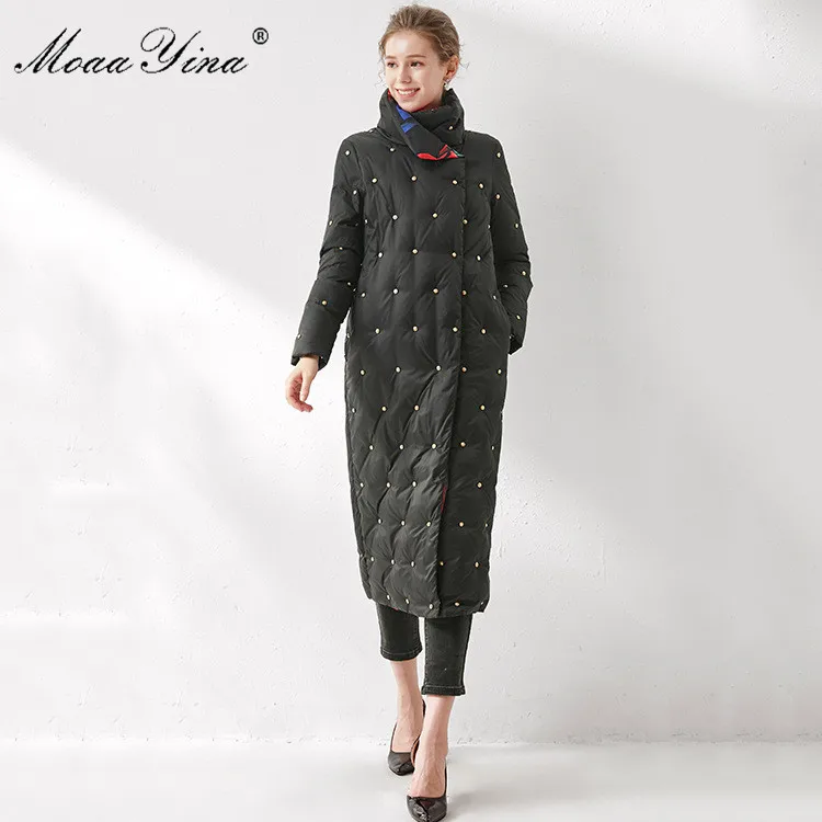 MoaaYina, высокое качество, Женское зимнее подиумное пальто, на пуговицах, элегантное, белое, утиный пух, длинное, сохраняющее тепло, пуховик, верхняя одежда+ шарф