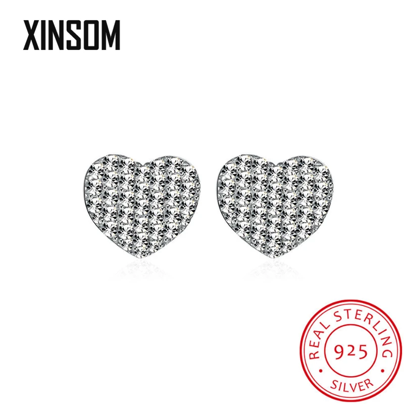 

XINSOM 925 Sterling Silver Earrings For Women Romantic White CZ Micro Pave Heart Shape Stud Earrings Party Wedding Fine Jewelry