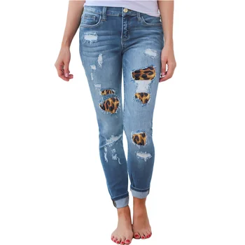 

Womens Plus Size High Waist Jeans Solid Leopard Patchwork Irregular Ribbed Holes Pencil Pants Stretch Slim Trouser