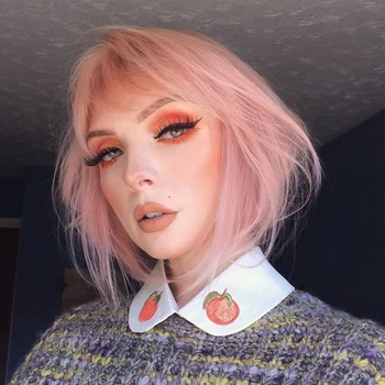JONRENAU 12 inches  Short Straight Synthetic Bob Wigs with Bangs  for Women Fashion Pink Party Wig or Cosplay 2