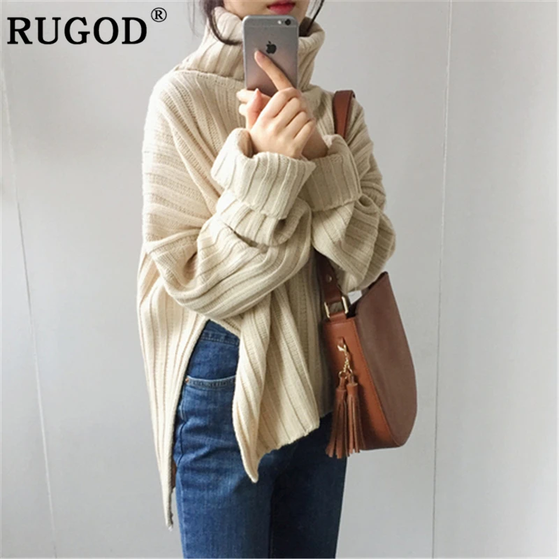RUGOD, зимний свитер с высоким воротом, женский элегантный однотонный вязаный пуловер с длинным рукавом, женский свитер, модный теплый свитер ins