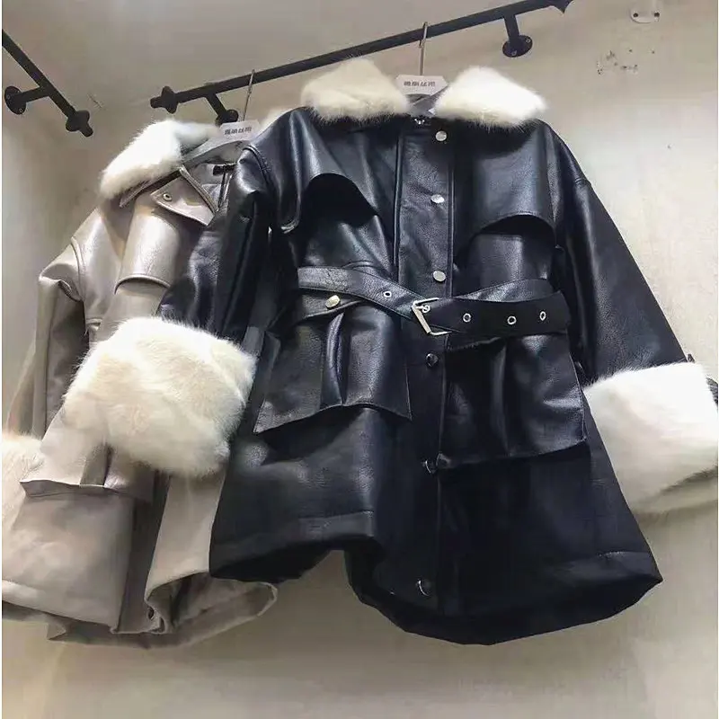 Heydress Толстая зимняя теплая куртка из искусственной кожи Длинный Меховой воротник пэчворк пояса для пальто Лим талия женские Куртки из искусственной кожи