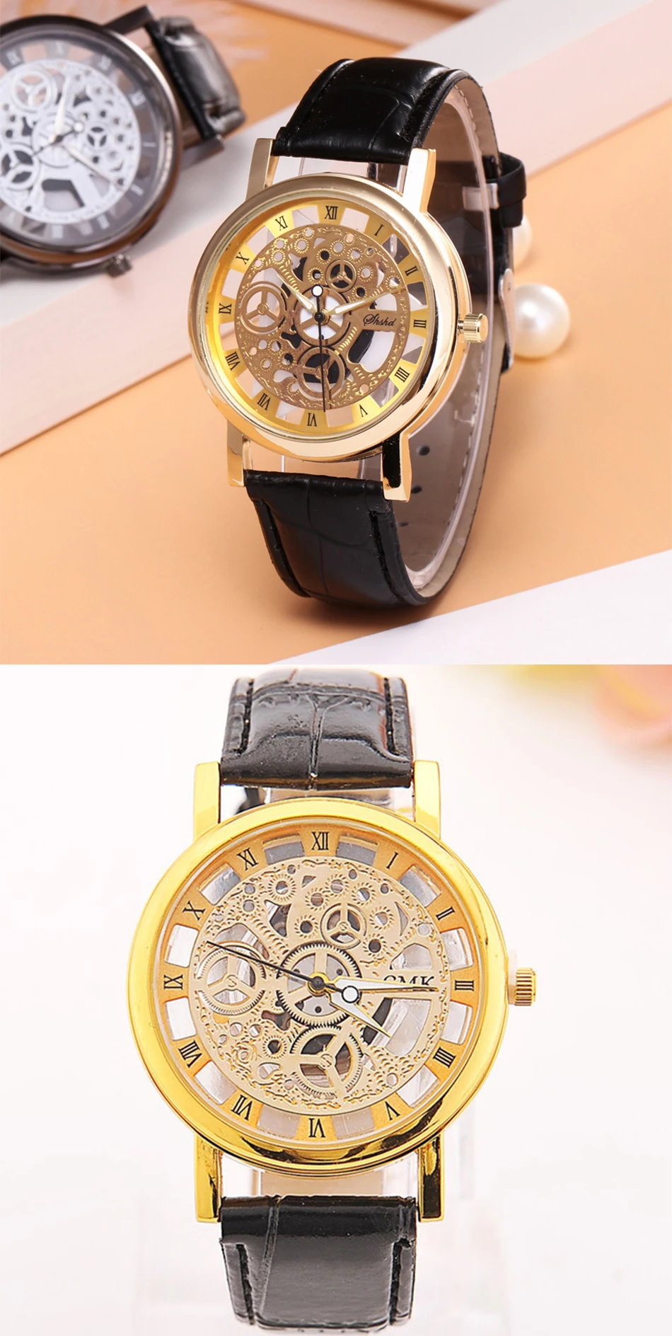 Foloy Watch For Men PU Leather Band Hollowing out Analog Alloy Quartz Wrist Watches women Watch Clock