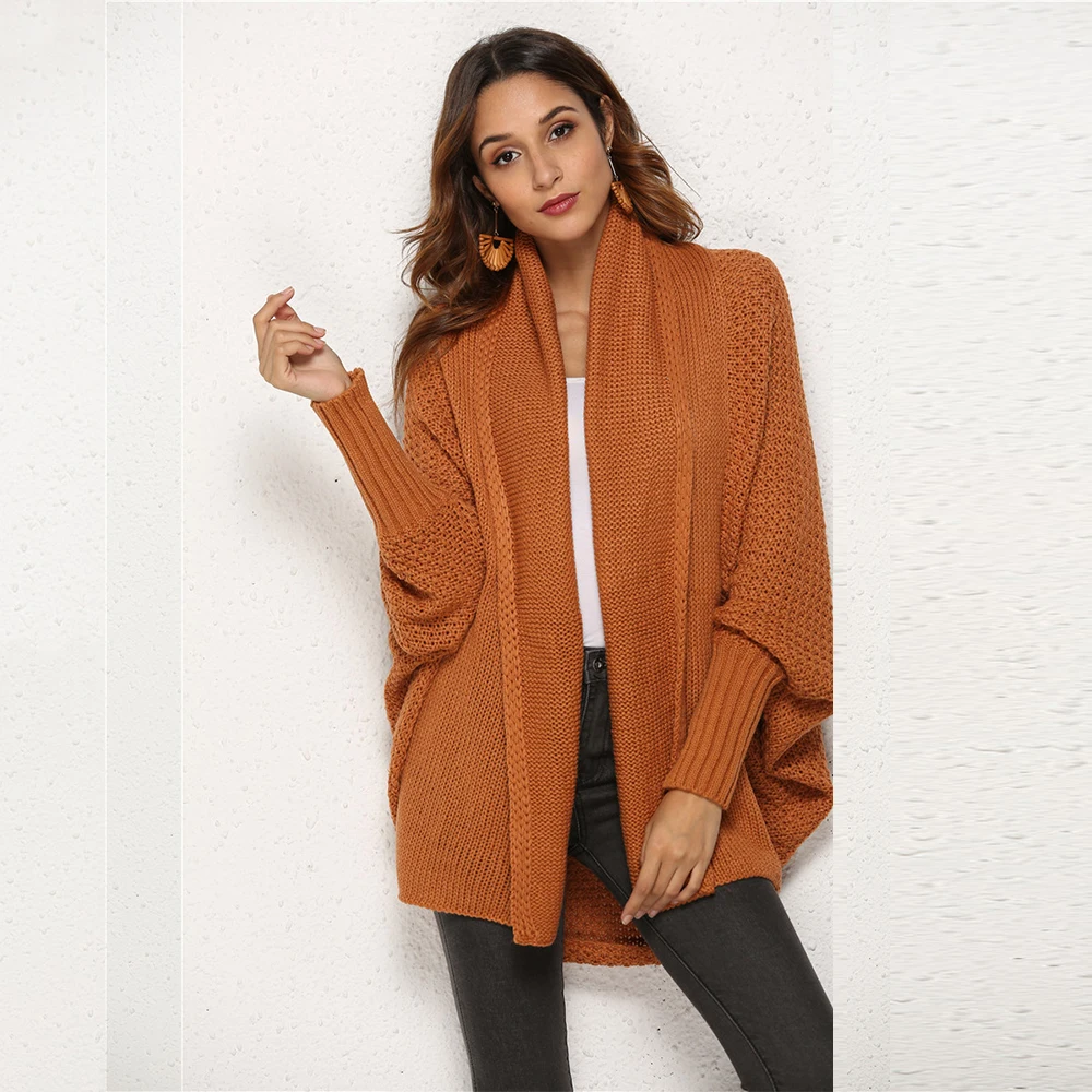 New Fashion Cardigans Women 2019Autumn Winter Warm Knitted Batwing Sleeve Loose Long Knitted Sweater Coat Female Casual Cardigan - Цвет: red curry